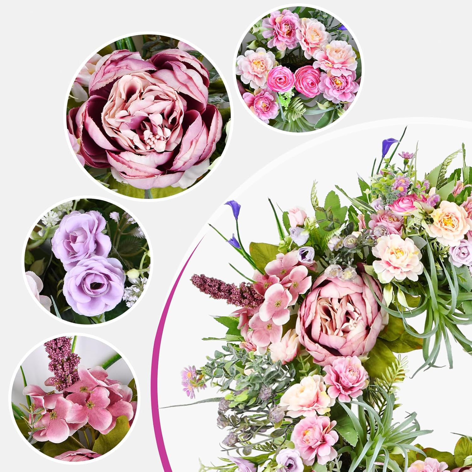 Peony Spring Summer Wreath for Front Door 20inch, TechKen Handmade Articial Blooming Peony Succulent Wreath for Indoor Outdoor Wall Window Decorations Door Wreath