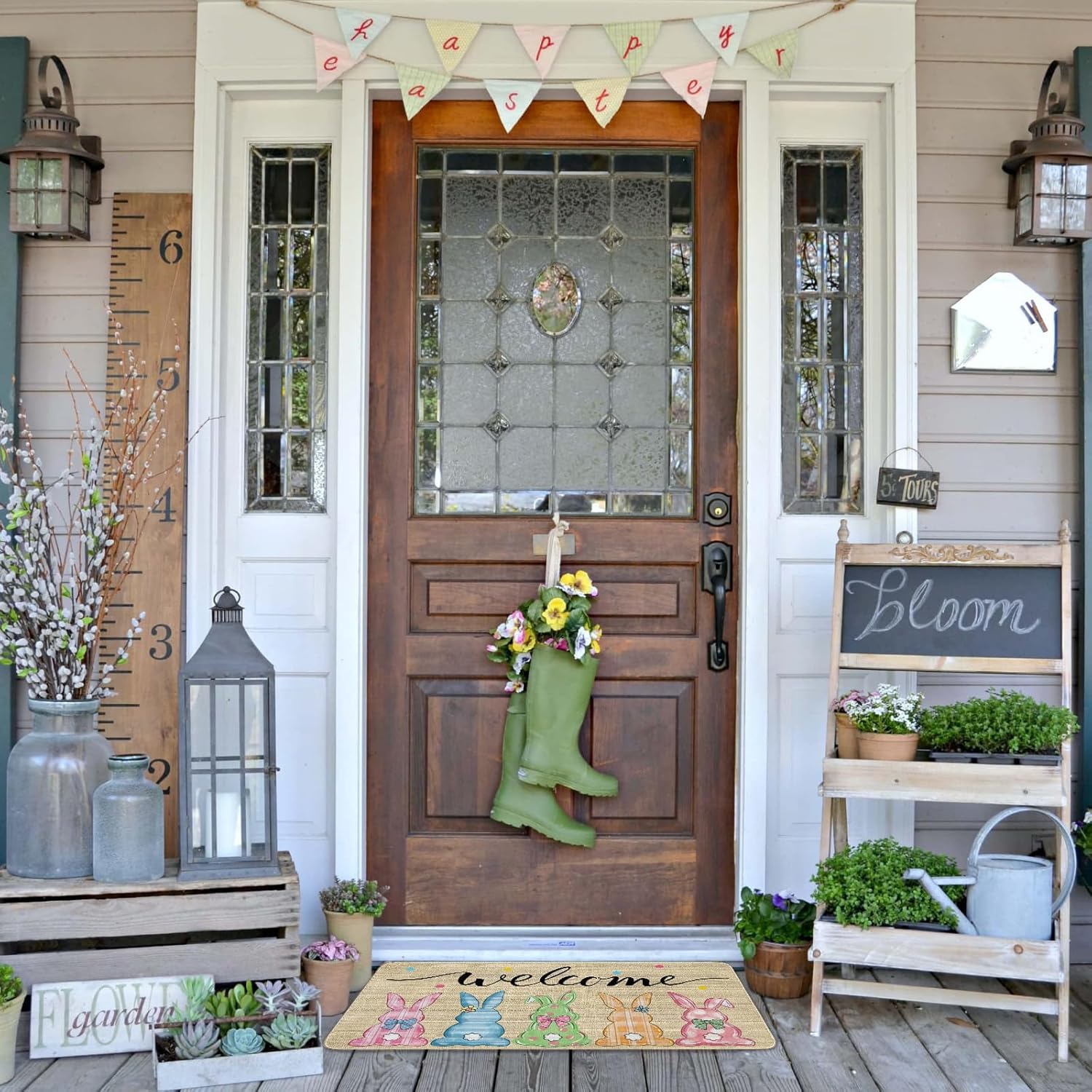 Easter Doormat Spring Colorful Bunny Door Mat Peeps Indoor Outdoor Entrance Floor Mats Spring Kitchen Home Seasonal Decor Rugs Non-Slip Rubber Mats 30" X 17"