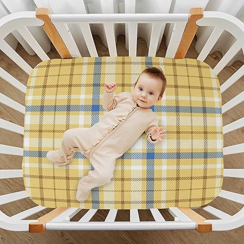 Miniatura 7 de Kigai Sábana bajera ajustable para cuna para niños y niñas, a cuadros escoceses, suave, transpirable, unisex, para colchones estándar de cuna y
