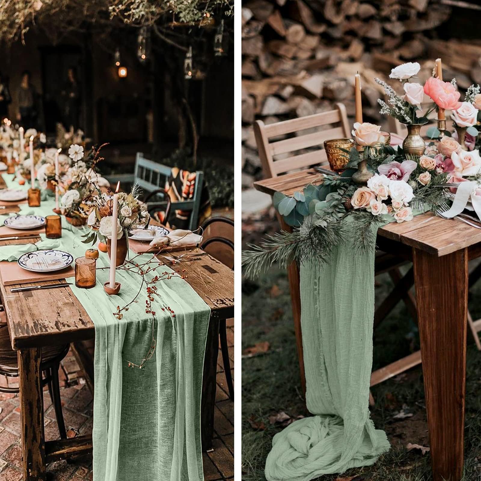 Pesonlook Seihtuch-Tischläufer, rustikaler Gaze-Stoff, Boho-Tischläufer für Hochzeit, Babyparty, Geburtstag, Brautparty, Party, Dekoration, Tischdekoration, Salbeigrün, 12 Stück