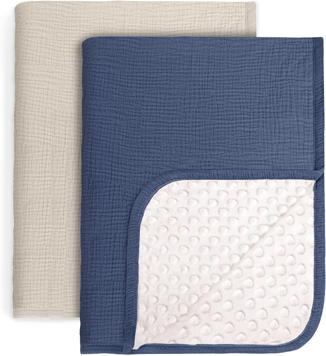 lulumoon Baby Blankets for Boys Newborn: Muslin & Minky Dotted Backing - Thermal Receiving Blanket for Stroller & Registry Gift 2Pack 30"x40"(IvoryBlue)