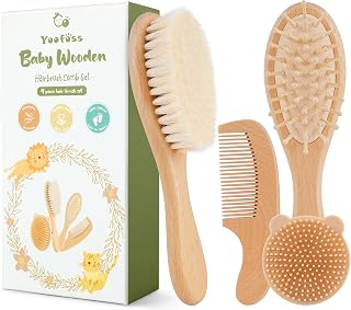 Yoofoss 4-Piece Wooden Baby Brush & Comb Set with Ultra-Soft Goat Hair Bristles - Newborn Cradle Cap Brush for Boys & Girls