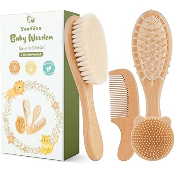 Yoofoss 4 Piece Baby Brush and Comb Set, Wooden Baby