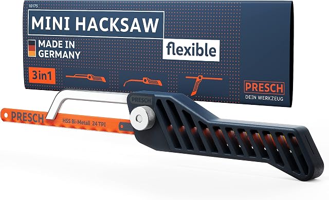 Presch Junior Hacksaw Flexible 300mm - 3in1 Hacksaw for Metal Cutting incl. 300mm HSS bimetal Saw Blade - Adjustable Mini Hacksaw with Saw Blade - Small Hacksaw for Metal, Plastic, etc