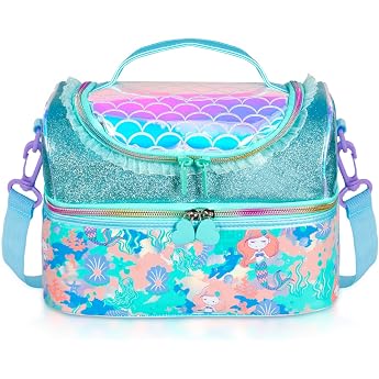 PinkSheep Children's Lunch Bag Cool Bag with Two Compartments and Removable Adjustable Children's Lunch Bag Nursery Bag Girls Boys Lunch Boxes Mermaid