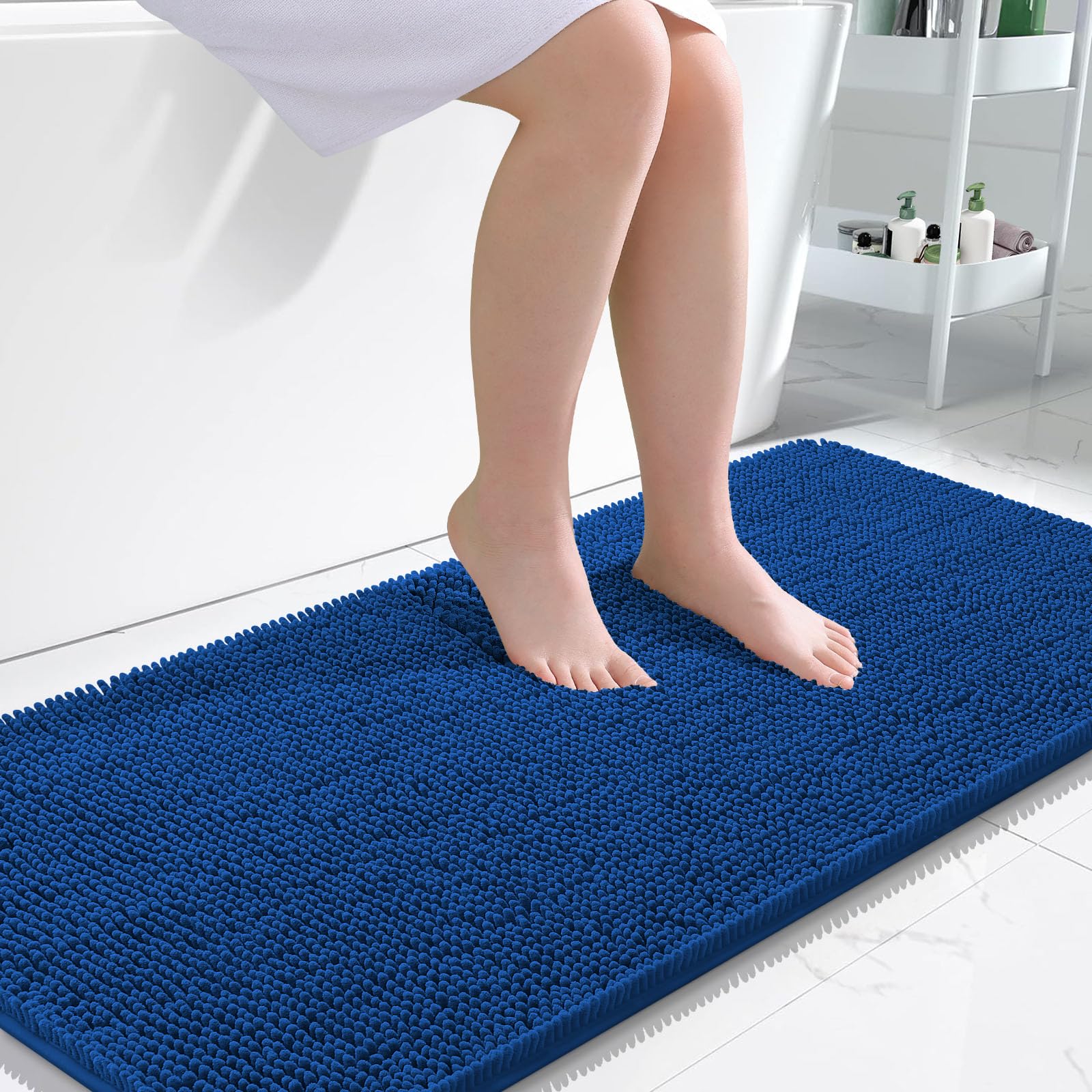 OLANLY Bathroom Runner Rugs 45x27, Extra Soft Absorbent Chenille Bath Rugs | Deep Navy Blue, Quick-Drying Rubber Backing, Machine Washable Long Bath Mat for Bathroom Floor, Tub and Shower, Home Decor