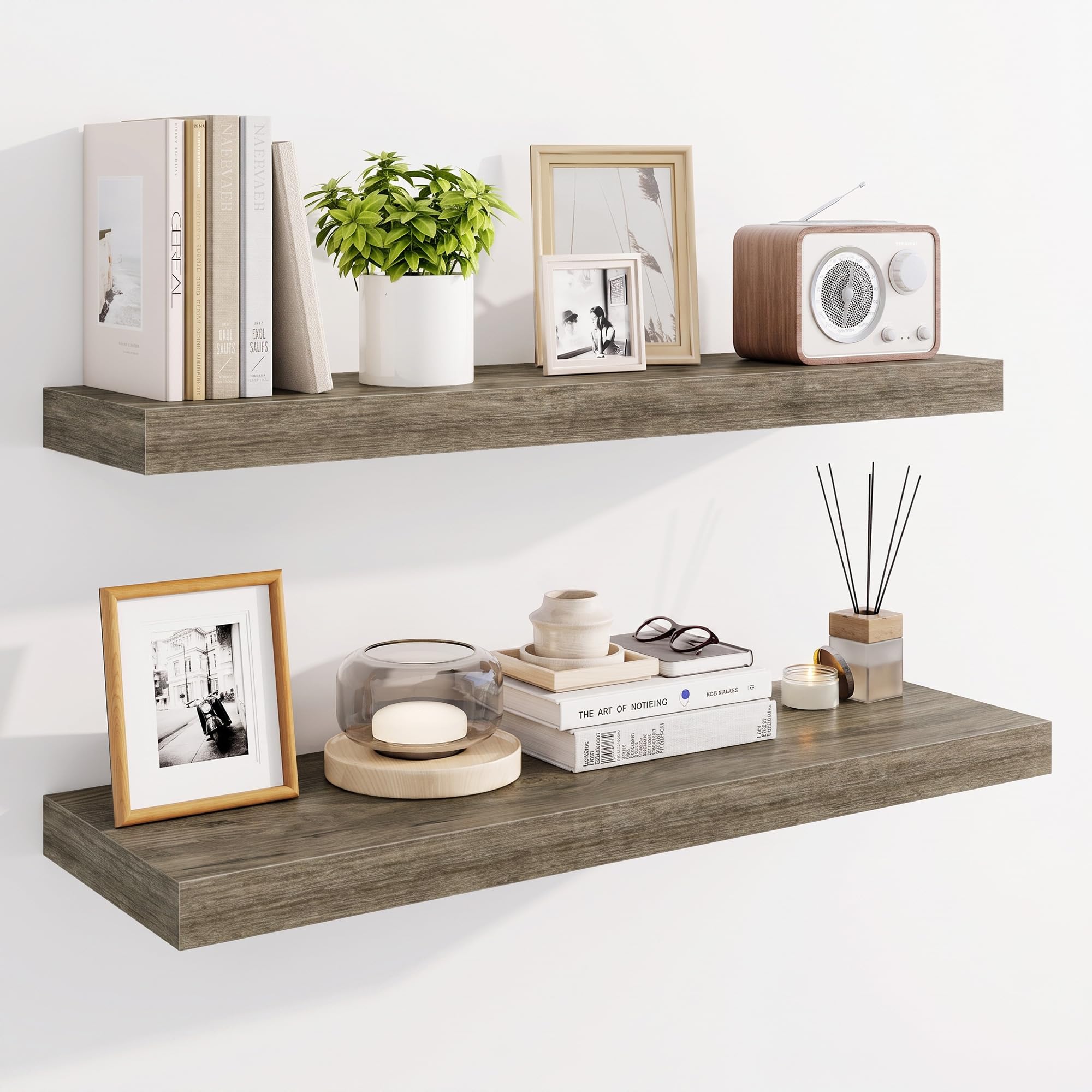Marsmiles 32" Floating Shelves for Wall, Wooden Shelves with Invisible Brackets Set of 2, Rustic Farmhouse Wall Mounted Shelf for Kitchen Bathroom Living Room Study, Grey
