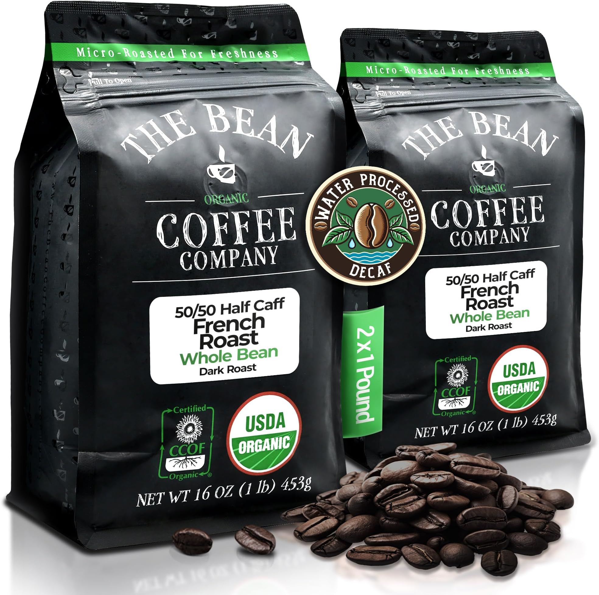 - The Bean Organic Coffee Company 50/50 French Roast, 50% Decaf, Dark Roast, Whole Bean Coffee, 16-Ounce Bag (Pack of 2), USDA Organic Certified