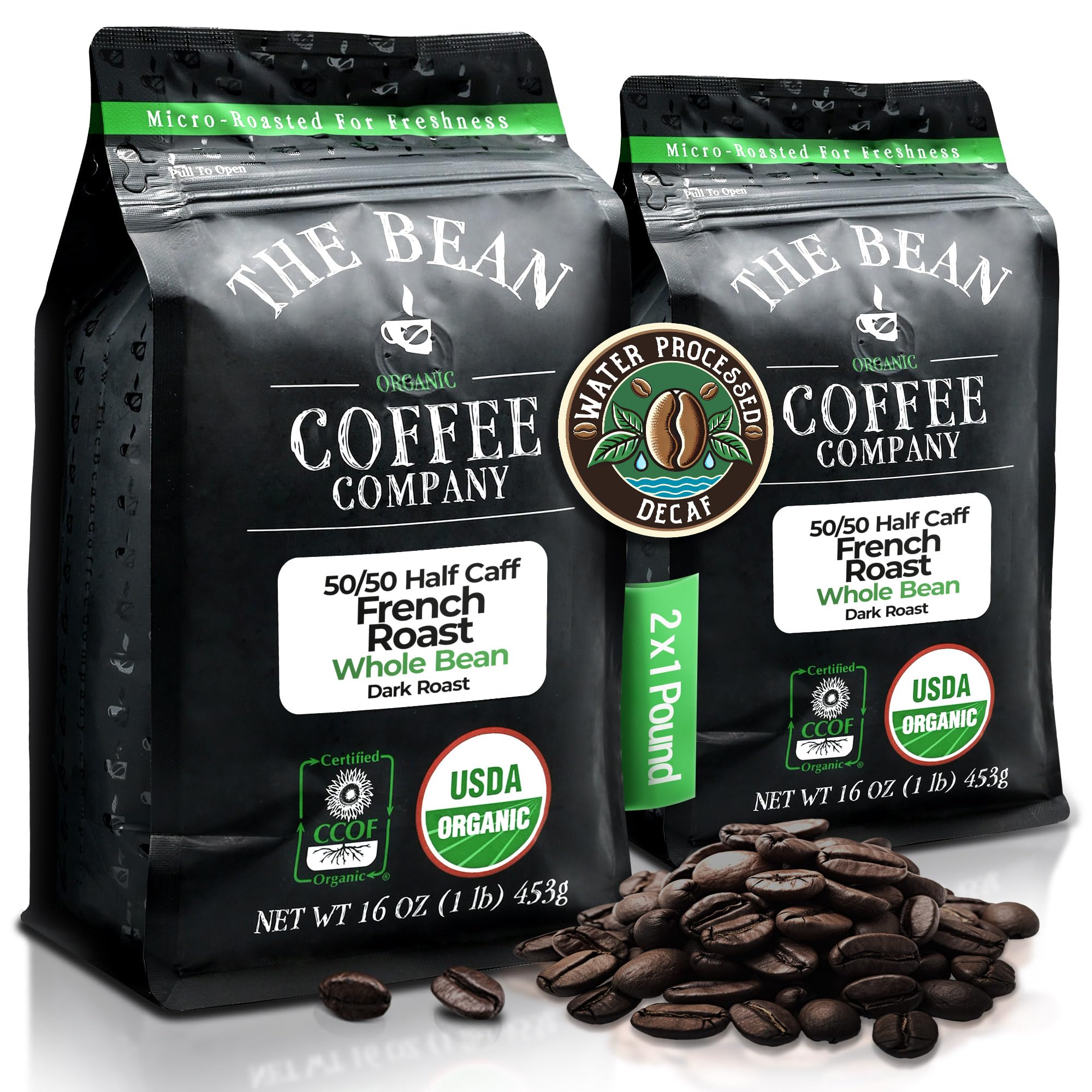 - The Bean Organic Coffee Company 50/50 French Roast, 50% Decaf, Dark Roast, Whole Bean Coffee, 16-Ounce Bag (Pack of 2), USDA Organic Certified