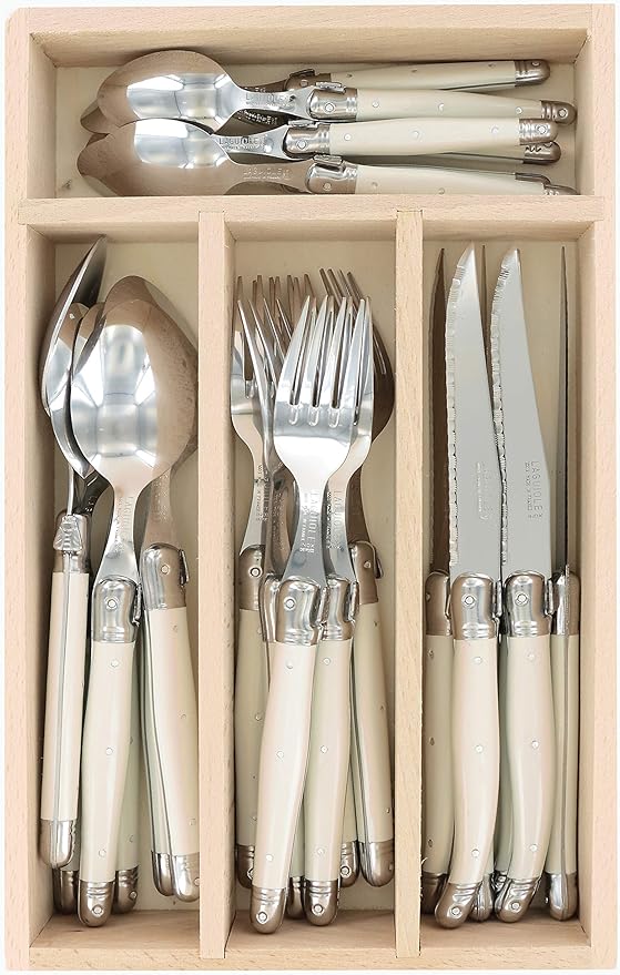 Laguiole Debutant 24 Piece Flatware Set, Steak Knives, Forks, Soup Spoons, Teaspoons, Ivory Color, Made In France