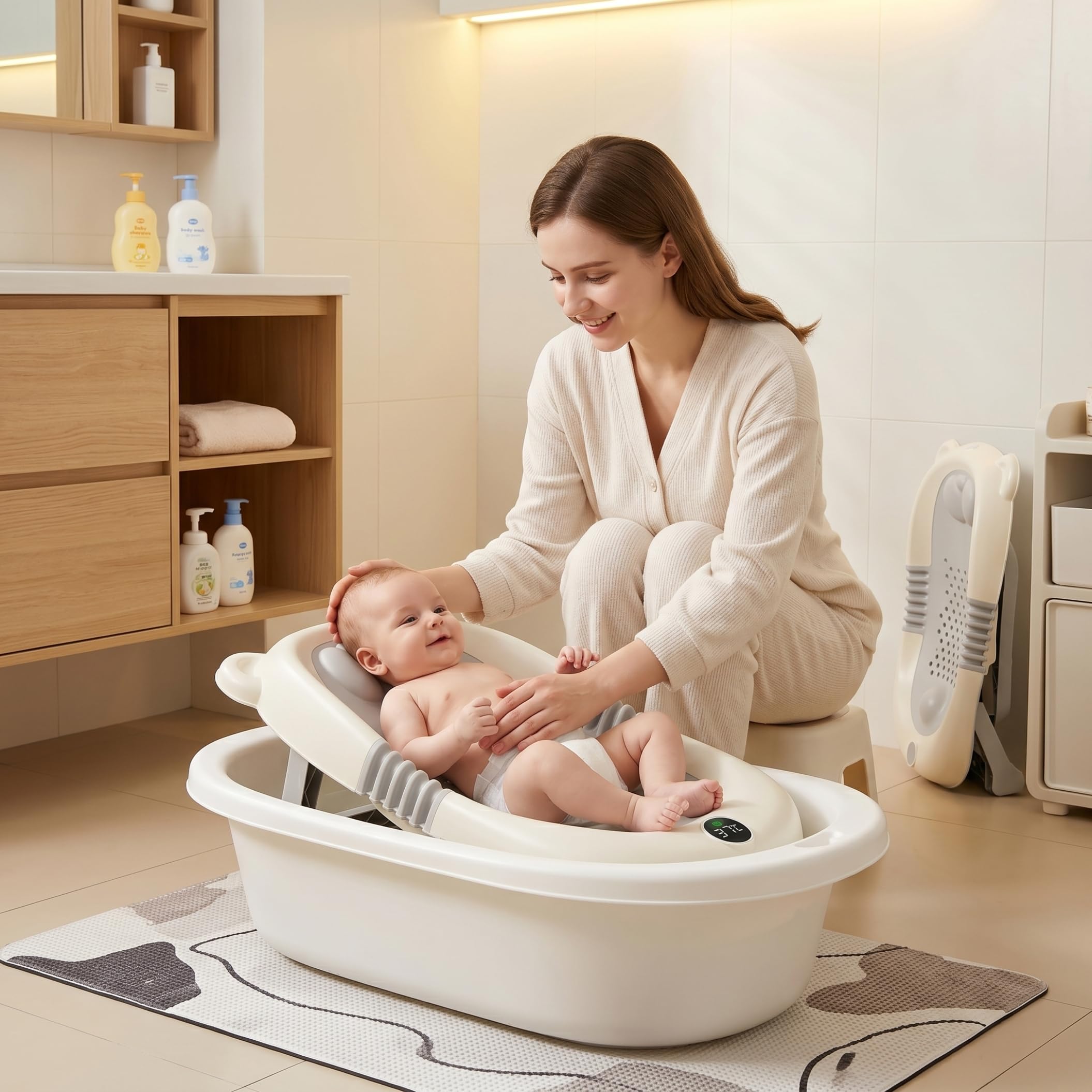 Supporto per bagnetto, seggiolino da bagno pieghevole per neonati con orecchie da orso dei cartoni animati, supporto per vasca da bagno ergonomico traspirante, 51x33x20 cm, grigio