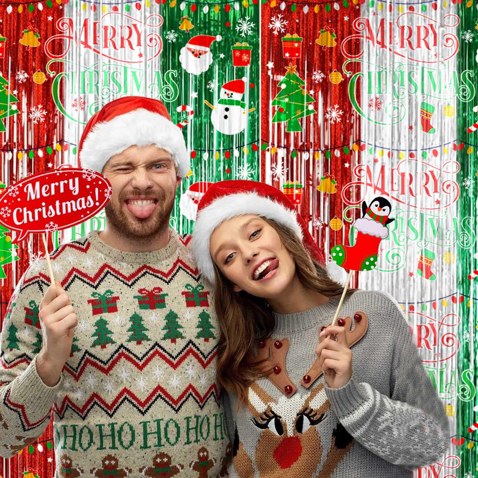 Avezano 98pcs Christmas Decorations Set, Merry Christmas Foil Fringe Tinsel Curtains Balloons Arch Garland Favors for Kids & Adults Selfie Picture Holiday Party Props for Photo Backdrop Supplies