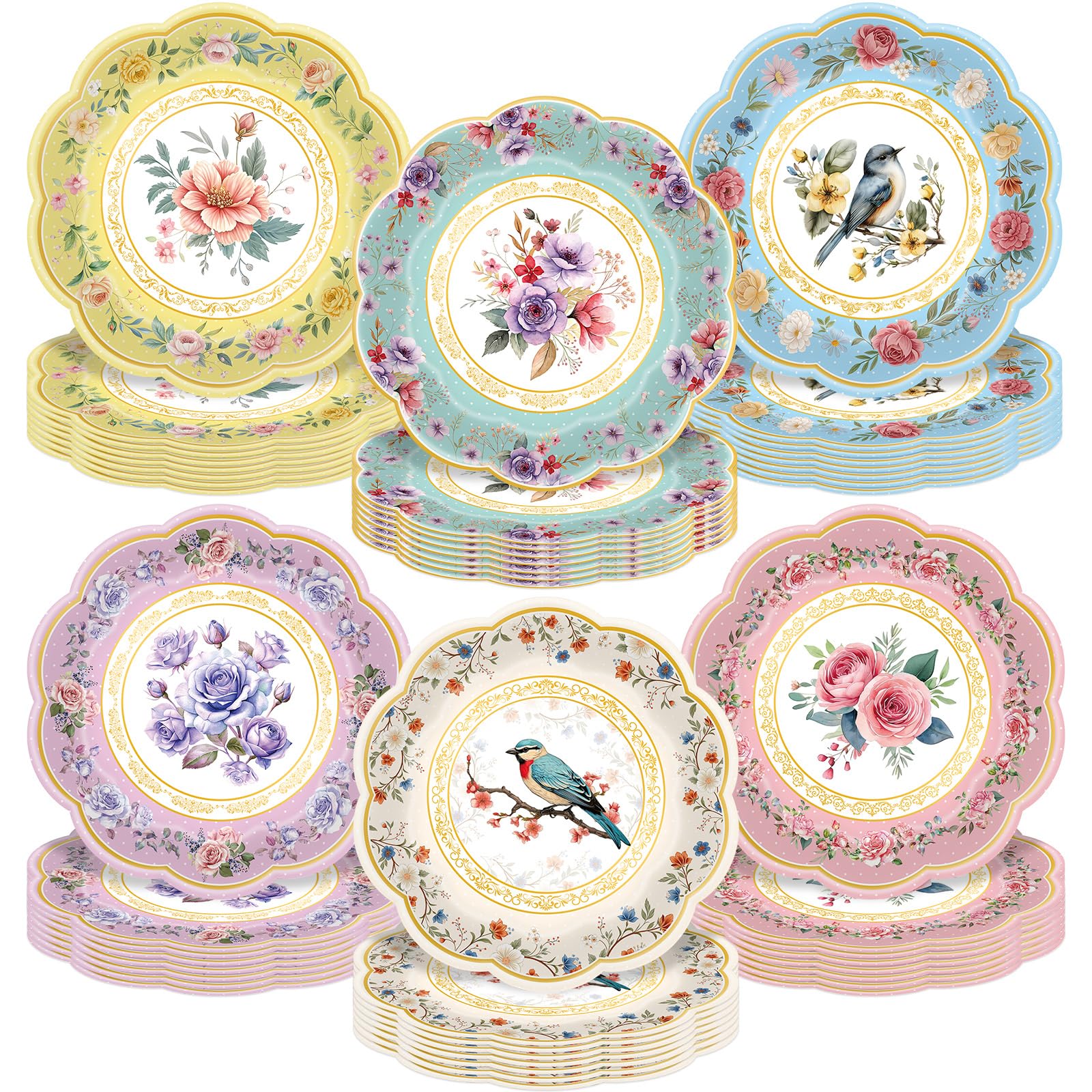 Photken 48 Pieces Vintage Floral Paper Plates – 7 Inch Round Disposable Dessert Plates with Birds and Flower Designs for Tea Parties, Bridal Showers, Weddings, and Garden Celebrations