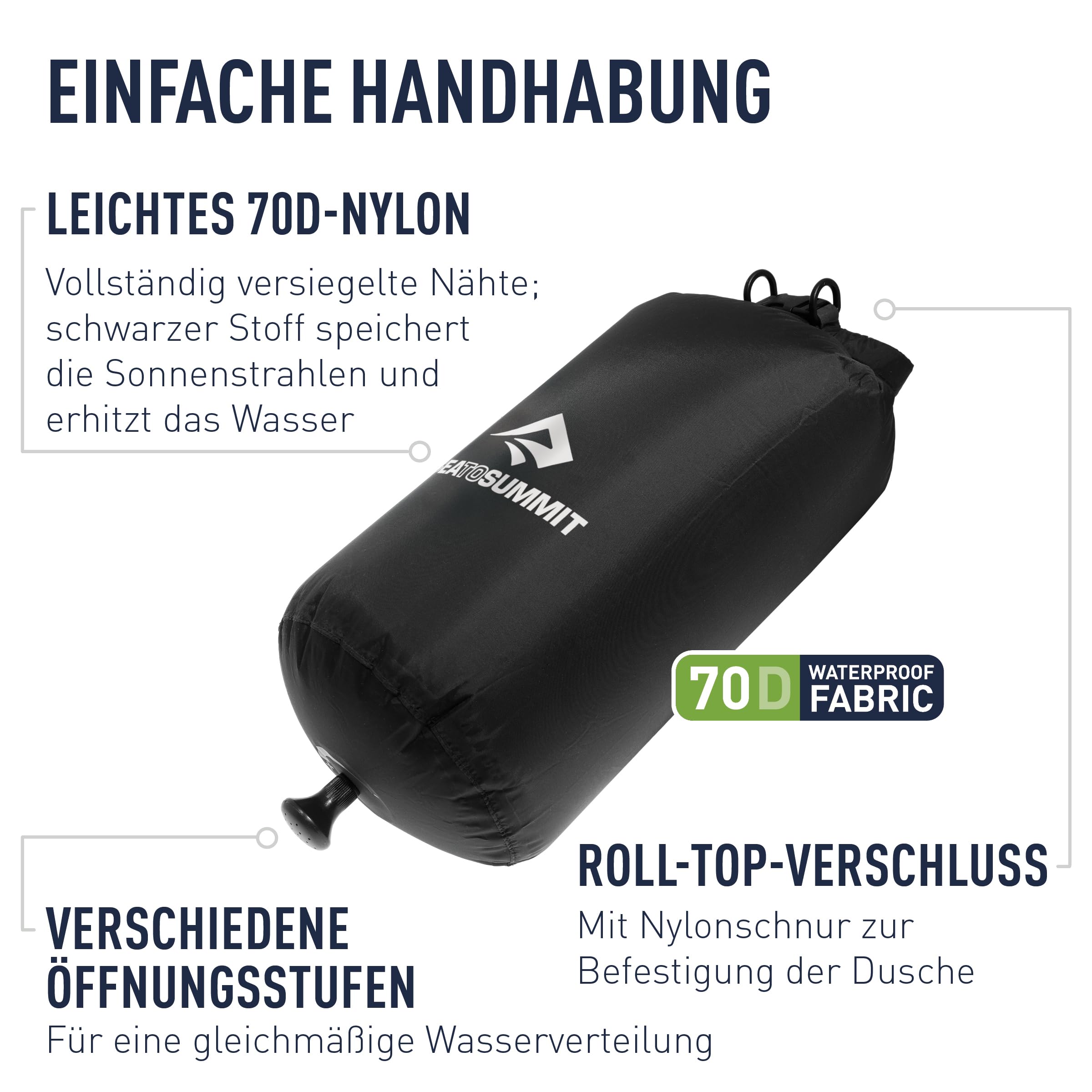 Sea to Summit - Pocket Shower 10L Camping Dusche - Praktisch & Besonders kompakt - Leichtes Nylon 70D - Intuitiver Drehmechanismus - 6 m Schnur - Wandern & Camping - Schwarz - 25 g