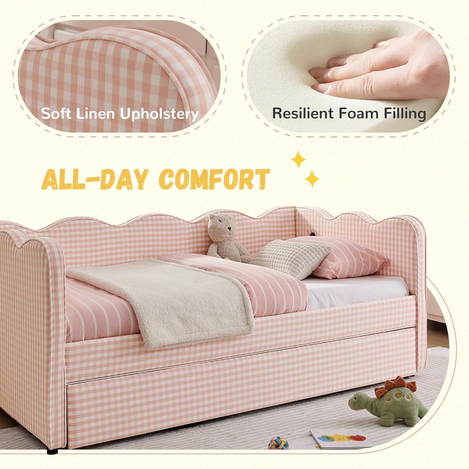 DEINPPA Twin Size Upholstered Daybed with Trundle, Gingham Daybed with USB Ports for Bedroom Living Room Guest Room-Pink