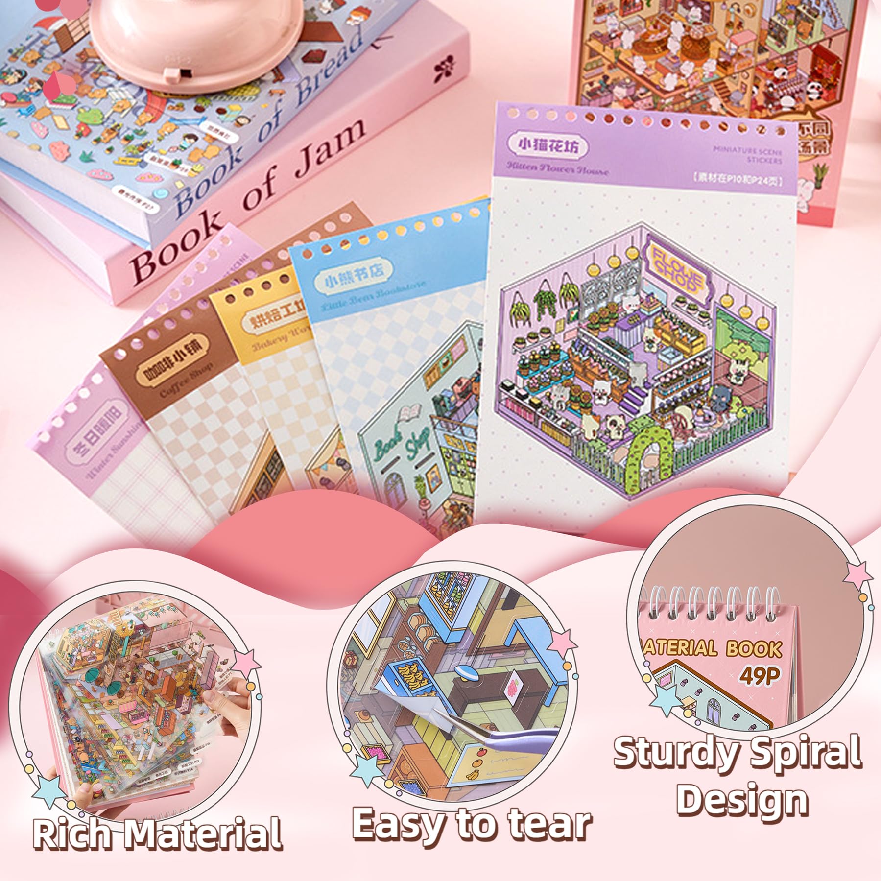 BORISCA 20 Sets DIY 3D House Sticker Scene Kit, Creative 3D Scene Sticker Book with 29 PET Stickers, 20 Miniature Cabins - Image 3