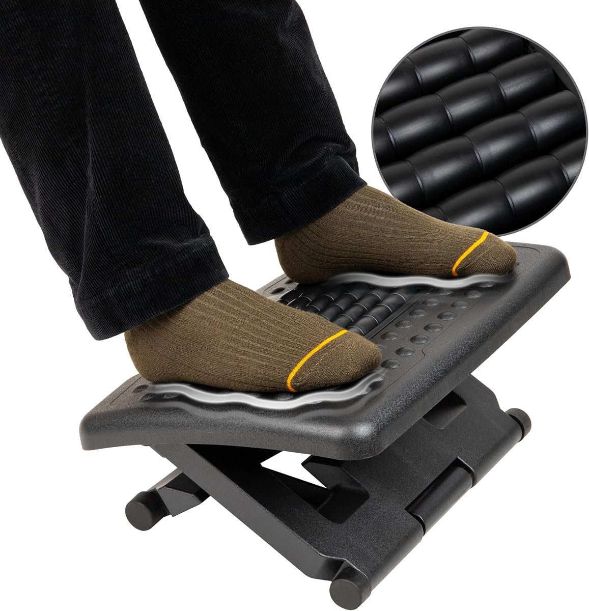 Adjustable Height Ergonomic Foot Rest with Massage Rollers, Black