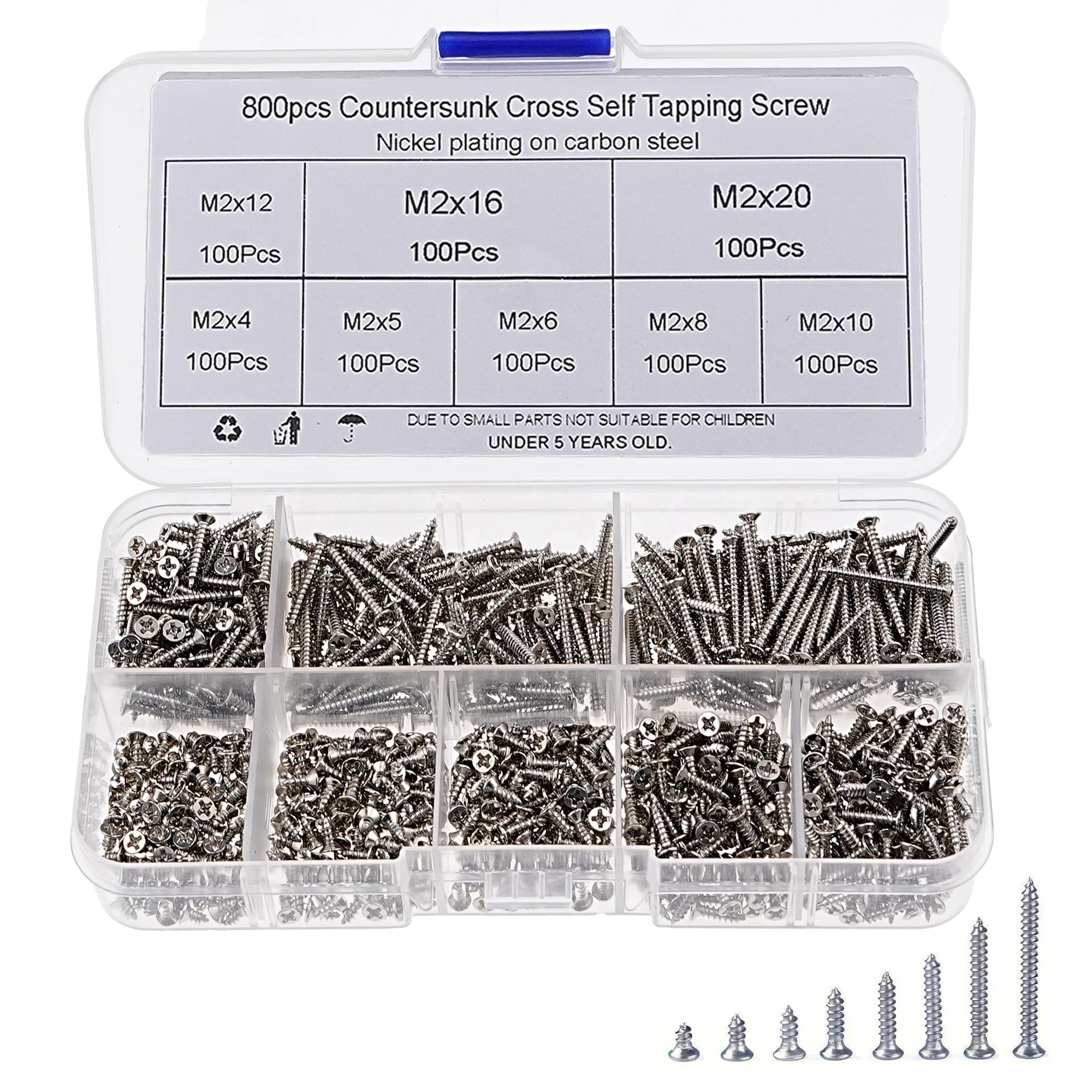 A-DIGISHUO 800Pcs M2 Kit Assorted Carbon-Steel Phillips Flat Head Self-Tapping Wood Screws