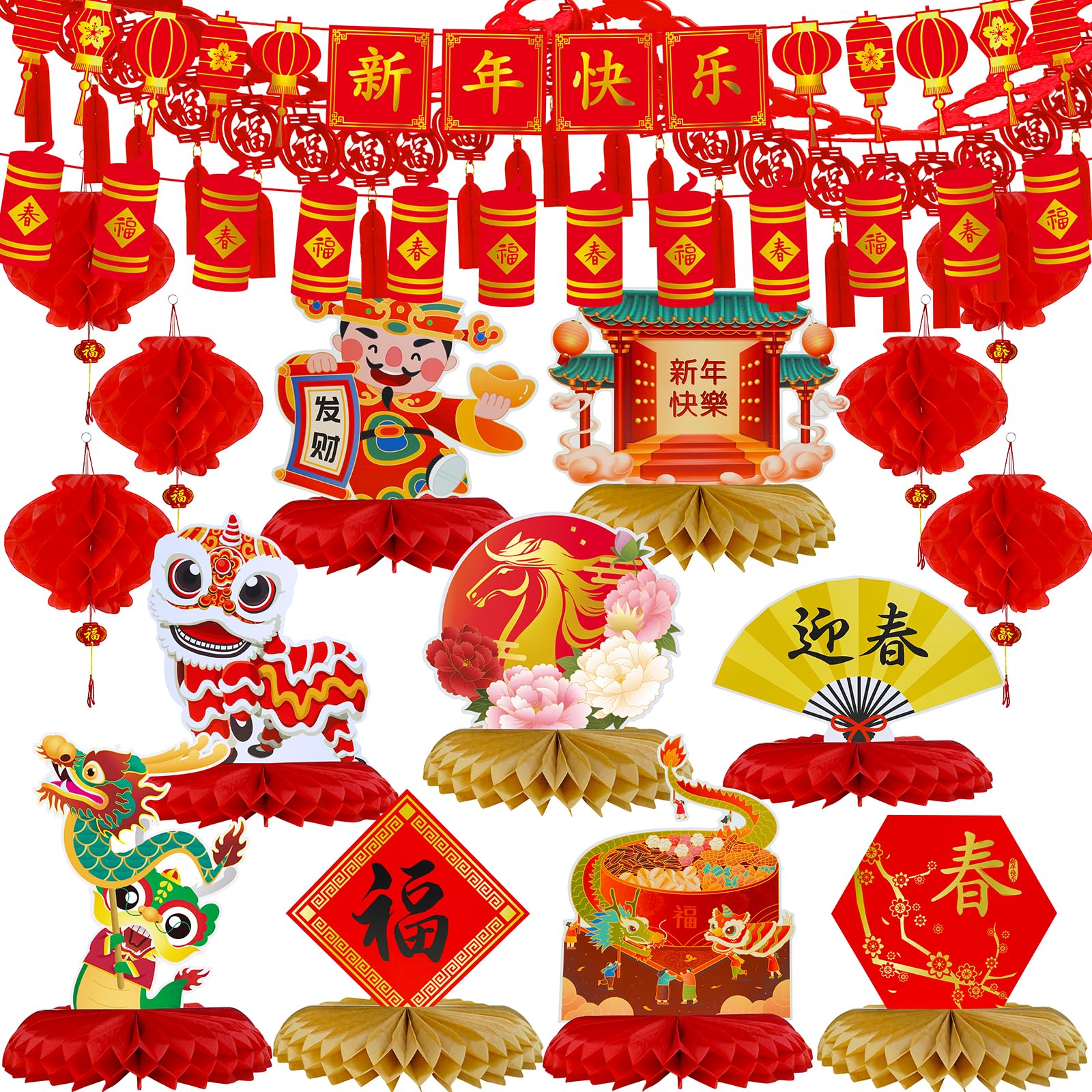 Winlyn 18 Pcs Chinese Lunar New Year Party Decorations Good Luck Honeycomb Centerpieces Hanging Red Lanterns Lucky Garland New Year Banner for Asian Vietnamese Tet Festival Wedding Horse Year 2026