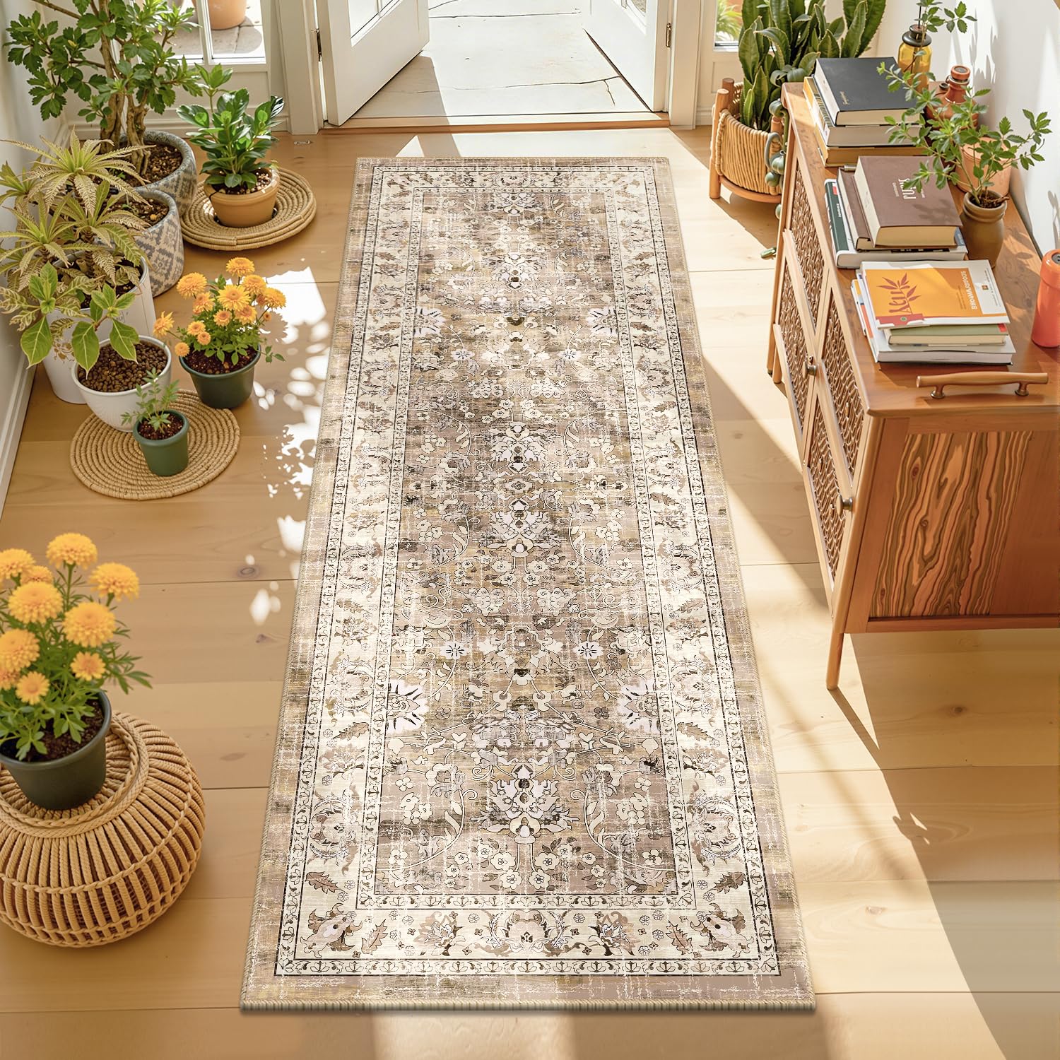 LOKHOM Washable Runner Rug, 2x6 Non-Slip Vintage Hallway Runner Rug with Rubber Backing, Boho Floral Soft Faux Wool Kitchen Rug Carpet Runner for