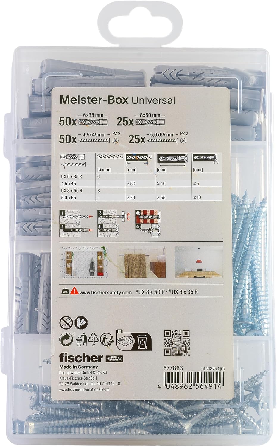 Fischer Meister-Box Universal 150-Piece Dowel and Screw Set, 6-8 mm Diameter, 35-50 mm Length, for DIY and Professionals, Ideal for The Whole House, Universal Dowel UX with Rim