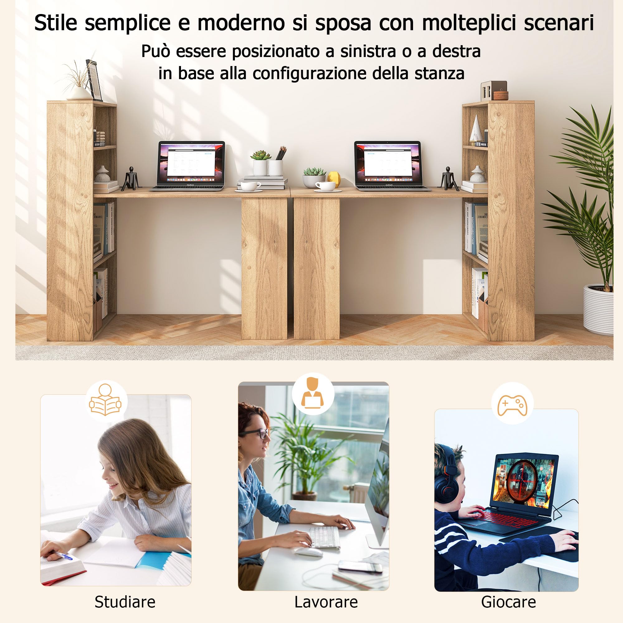GYMAX Scrivania per Computer Reversibile da 121,5cm con 6 Ripiani, Scrivania con Libreria a Muro, Scrivania Moderna da Studio con Libreria per Casa e Ufficio, Design Salvaspazio (Natuale)