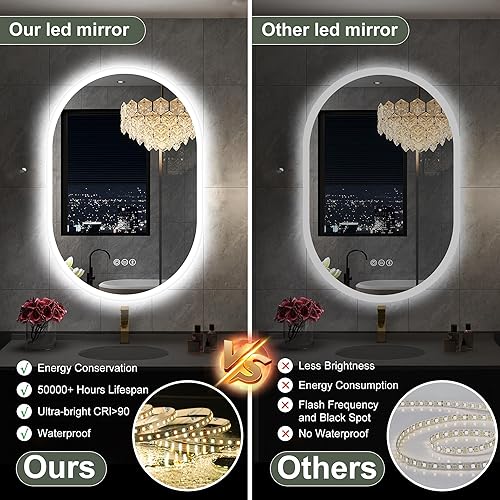 Miniatura 5 de S'bagno Espejo de baño LED ovalado de 24 x 36 pulgadas con luces, antiniebla, altavoz Bluetooth, temperatura de 3 colores y regulable, espejos
