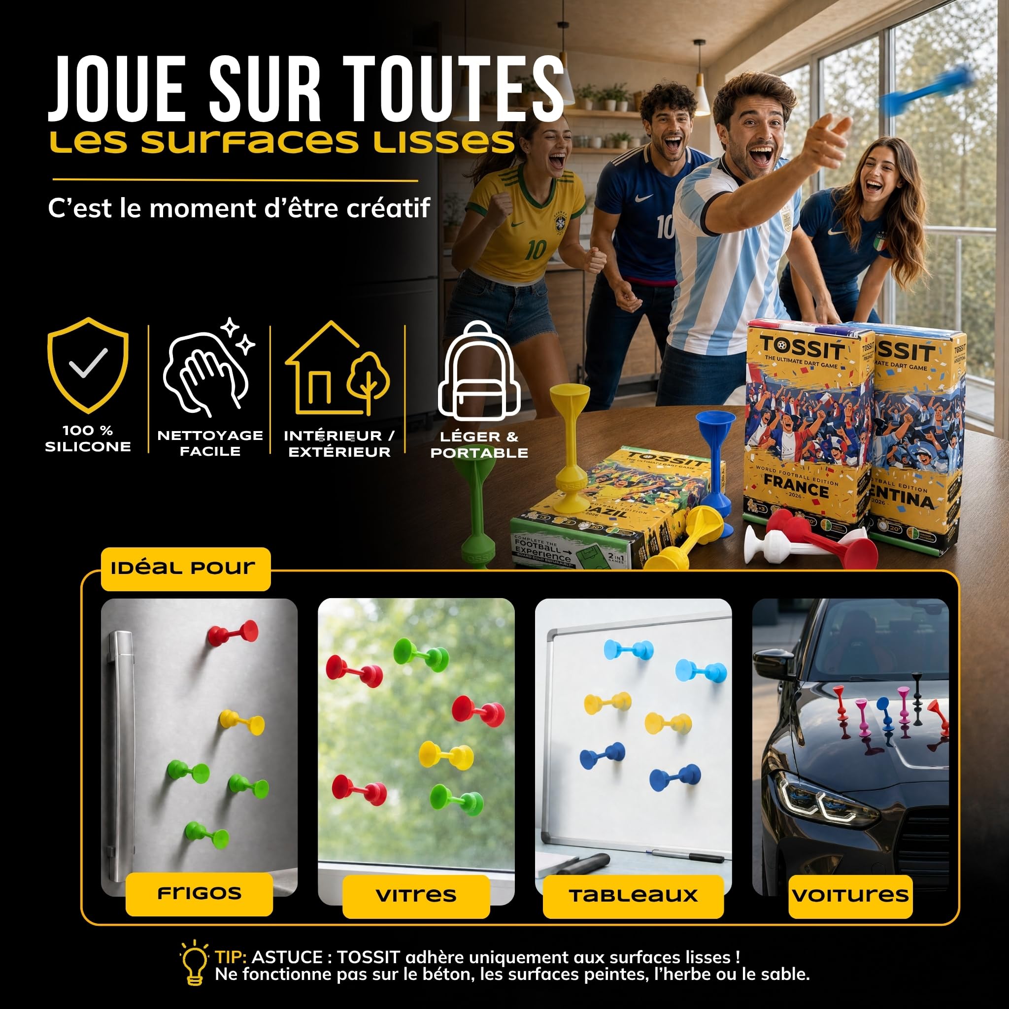 TOSSIT Jeu Fléchette Ventouse, Pétanque Intérieur Extérieur pour Sol et Mur, Silicone Puissant et Durable, World Football Edition