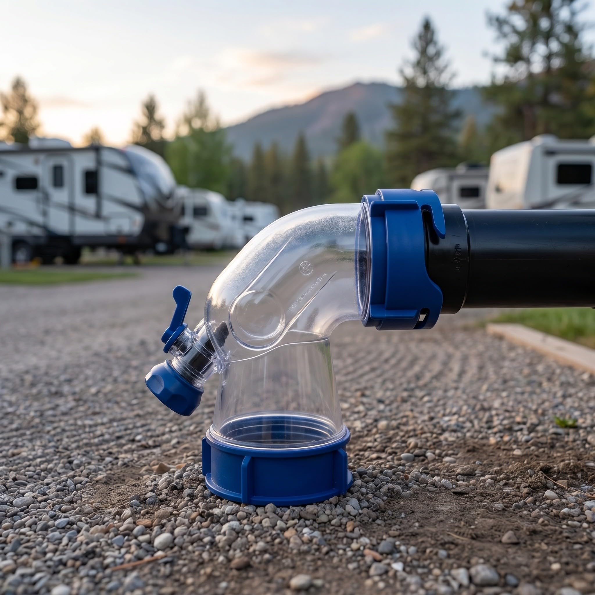 Operitacx Adaptador de manguera de desagüe para vehículos recreativos con válvula de cierre, transparente de 45 grados, adaptador de desagüe transparente, conexión de bayoneta resistente a fugas