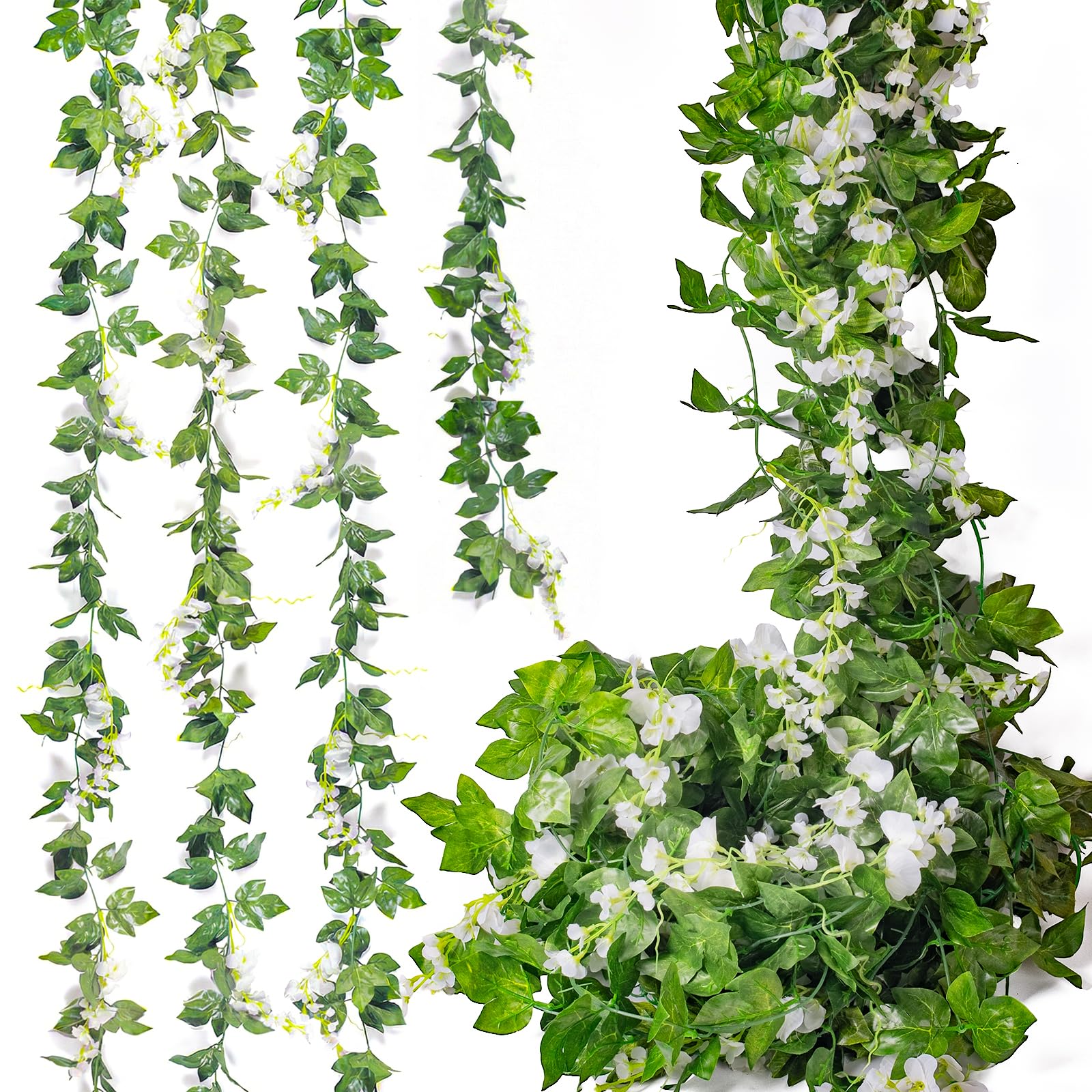 Mavee 4 Pcs 7.2 Feet Artificial Flower Vine Silk Wisteria Garland Hanging Rattan with Ivy Leaf for Wedding Home Decor (White)