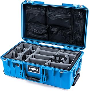 Pelican Air 1535 Carry-on Case by ColorCase - Electric Blue - Medium Size Waterproof Case with Gray Padded Microfiber Dividers & Mesh Lid Organizer - Blue Handles & Latches