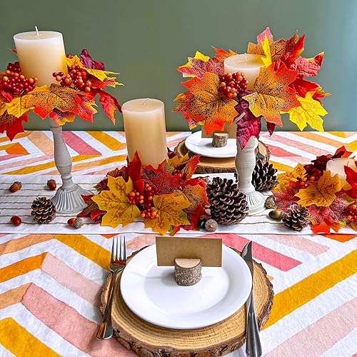 Miniatura 4 de Winlyn 4 aros de vela artificiales de hojas de arce y bayas, portavelas de otoño, pequeños anillos de corona de 11 pulgadas de ancho para casa de
