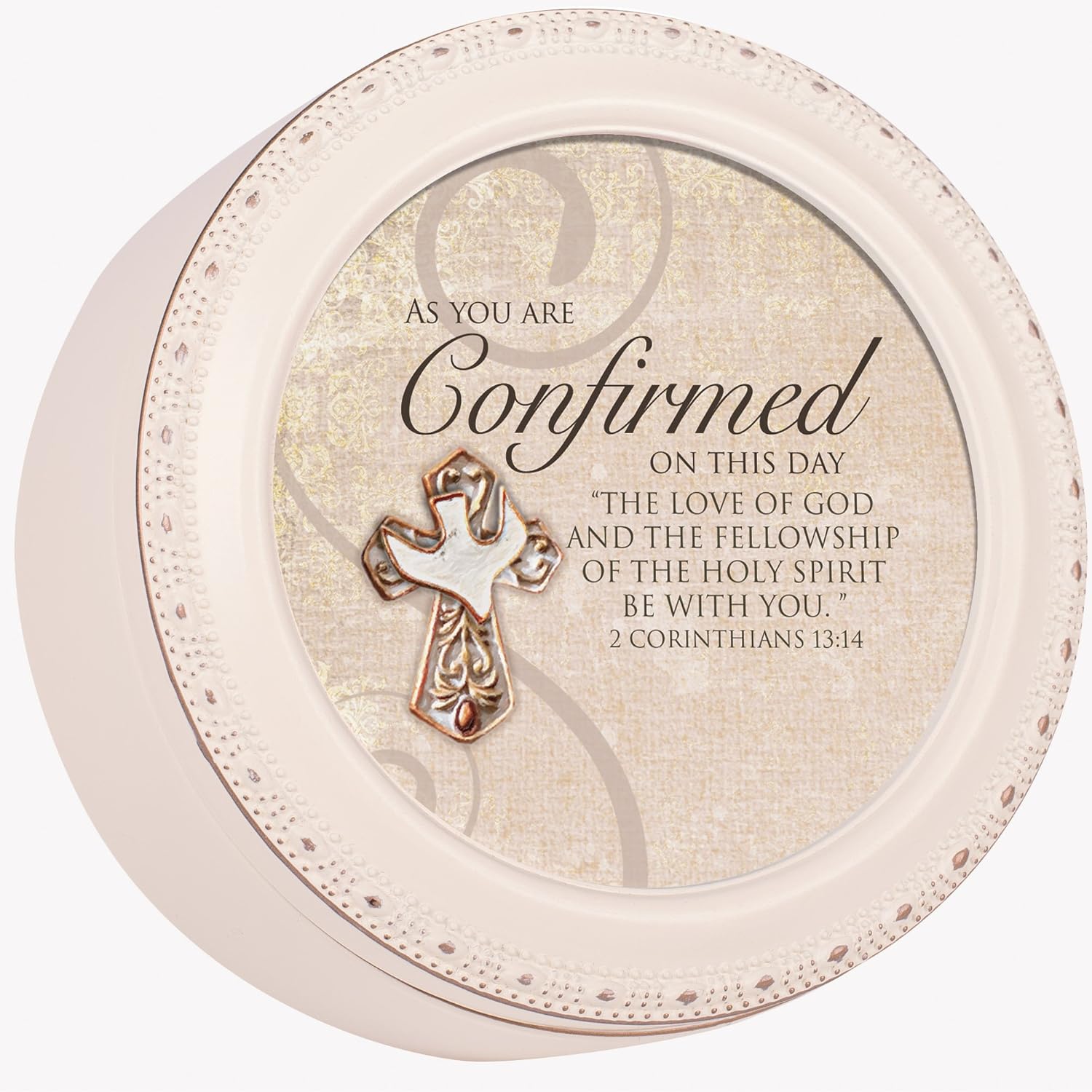 Cottage Garden Confirmed This Day The Love of God Ivory Rope Trim Petite Round Jewelry and Keepsake Box