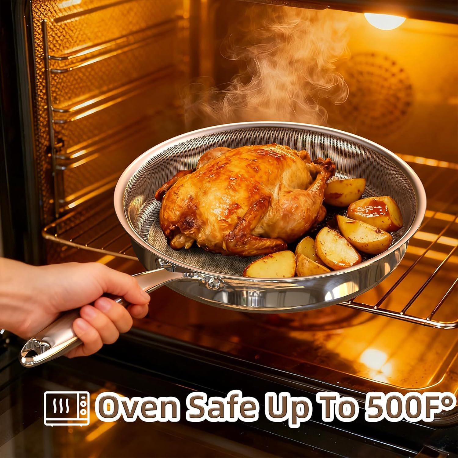 Yoehka 14-Piece Hybrid Stainless Steel Cookware Set, Non-Stick Pots and Pans Set with 3 Silicone Trivets | Induction Compatible Frying Pans, Saucepans, Saute Pan & Stock Pot | Oven Dishwasher Safe - Image 6