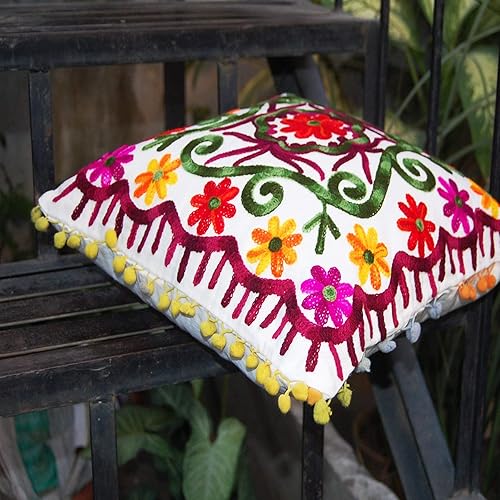 Miniatura 3 de Funda de almohada bohemia Suzani bordada de 16 x 16 pulgadas, funda de almohada decorativa, cojines indios con pompones para exteriores, fundas de