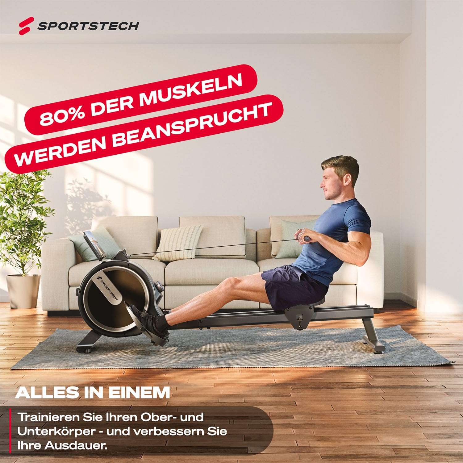 Sportstech Rudergerät für Zuhause + 32 Stufen Magnetwiderstand PROwer | Dual Slide Rail, LED Knob Display, bis 150 kg, Bluetooth App, leise, vertikal verstaubar