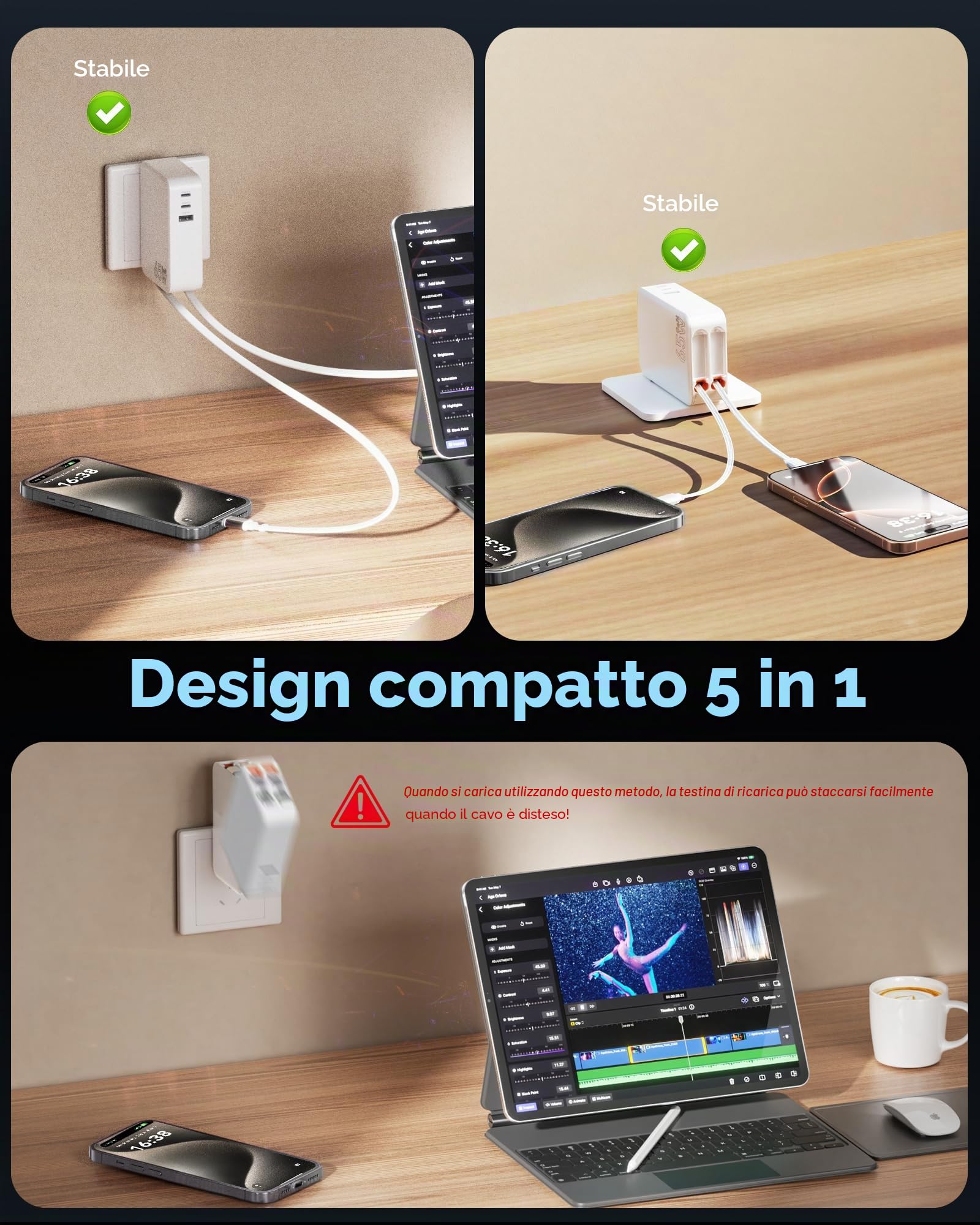 SPGUARD Caricabatterie retrattile 5 in 1, 65 W, con 2 cavi estensibili, 120 cm, USB C GaN, caricatore da parete con cavo doppio tipo C, compatibile con iPhone 17/16/15/14/13/iPad/Galaxy