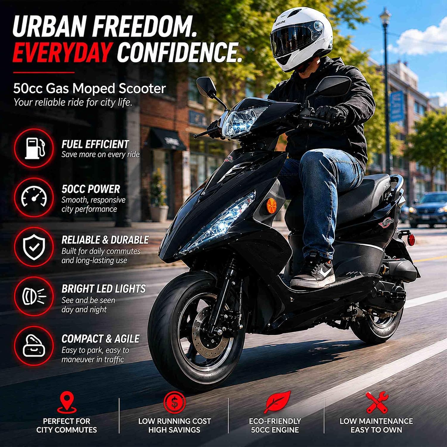 Overview of X-PRO Bali 50cc Moped features including fuel efficiency, 50cc power, durability, LED lights, and compact design.
