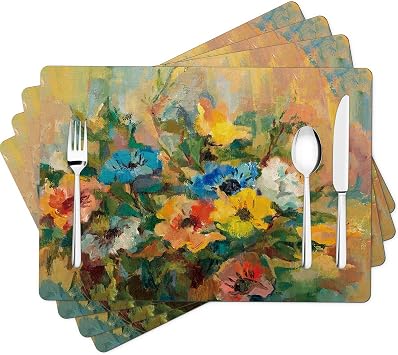 Painting Placemats Set of 4, Floral Faux Leather Place Mats for Holiday Banquet Kitchen Dining Table Decor, Heat Resistant Washable Non-Slip Waterproof Table Mats Set, 17" x 12"