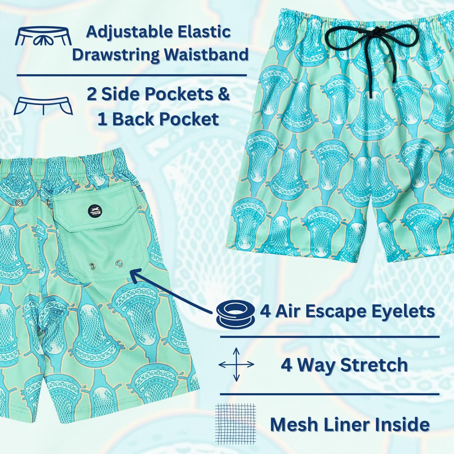 ChalkTalkSPORTS Lacrosse Swim Trunks | Swim Board Shorts | Youth and Adult Sizes