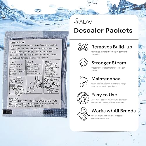 Miniatura 7 de SALAV® Vaporizador de ropa de pie con ruedas enrollables para un fácil movimiento con 5 piezas de vaporizador de ropa, solución descalcificadora,