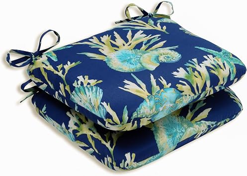 Pillow Perfect Outdoor/Indoor Daytrip Pacific Round Corner Seat Cushions, 18.5" x 15.5", Blue, 2 Pack