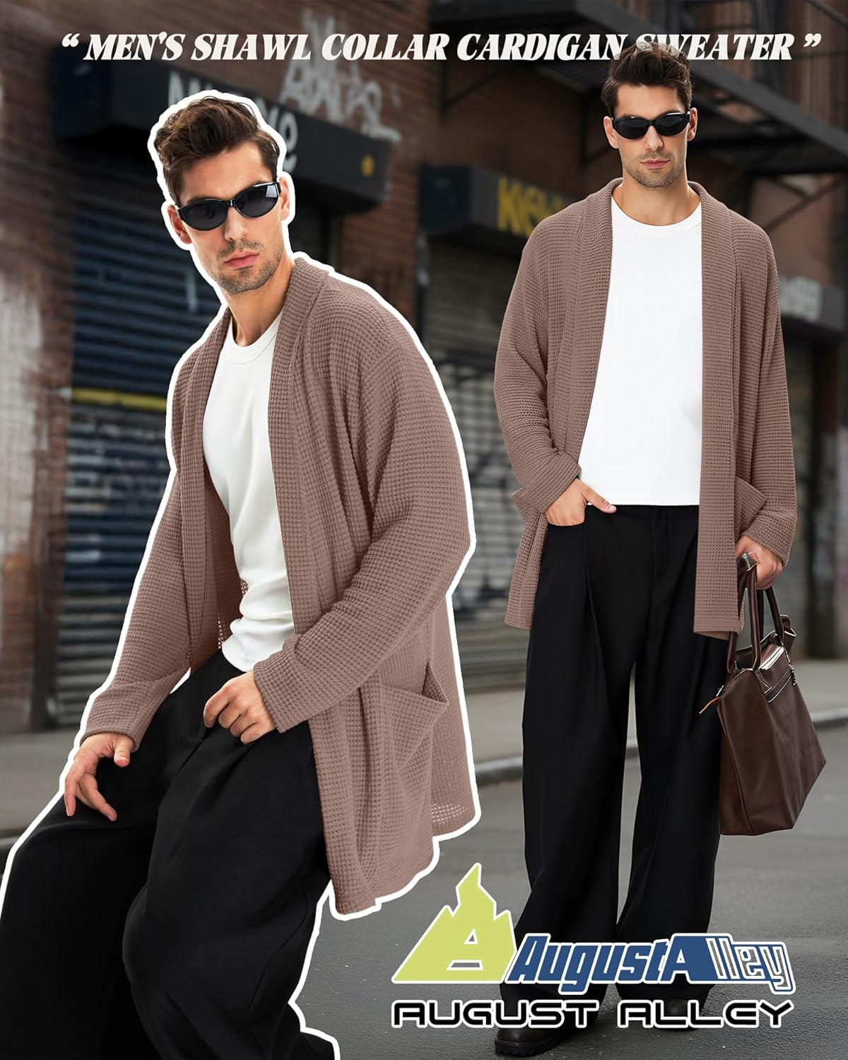 Men's Shawl Collar Cardigan Sweater Open Front Waffle Textured Knit Long Casual Cardigan with Pockets - Image 5