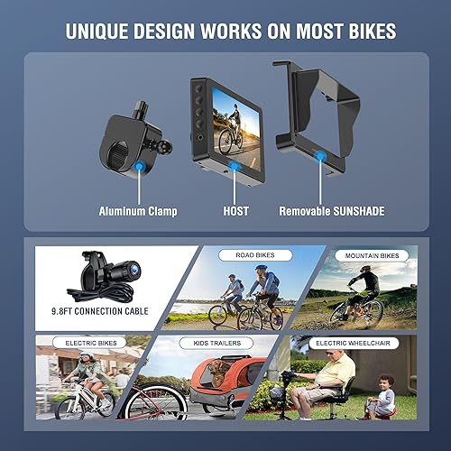 Miniatura 7 de PARKVISION Espejo de bicicleta para manillar, cámara de visión trasera de bicicleta con parasol antirreflejo, monitor HD 1080P de 4.3 pulgadas,