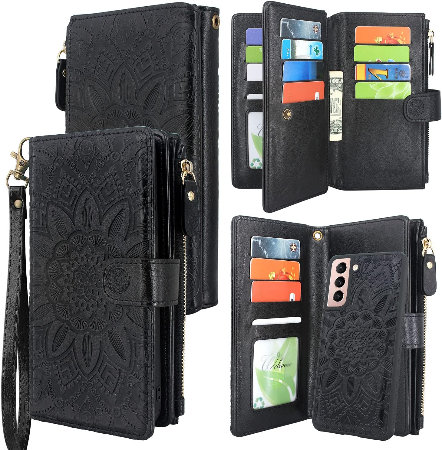 Harryshell Detachable Magnetic Zipper Wallet Leather Case Cash Pocket with 12 Card Slots Holder Wrist Strap for Samsung Galaxy S21 5G 6.2 Inch SM-G991U (2021) Floral Flower (Black)