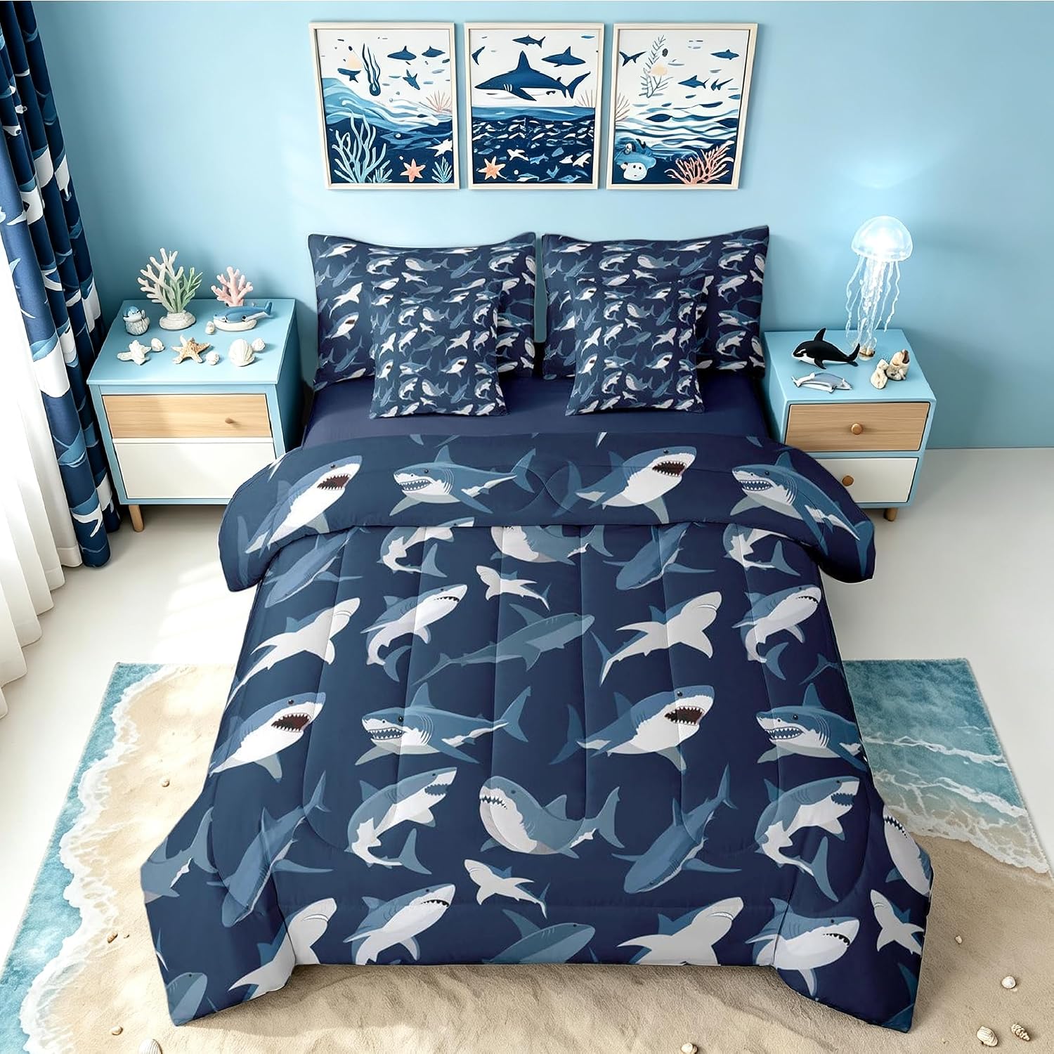 Erosebridal Boys Shark Full Size Bed Sheets and Comforter Set Navy Blue Ocean 7 Piece Bedding Set Cartoon Coastal Bed in a Bag, Under Sea Marine Life Sealife Nautical Sea Animal Room Decor