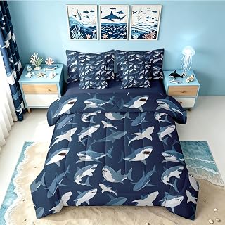 Erosebridal Boys Shark Full Size Bed Sheets and Comforter Set Navy Blue Ocean 7 Piece Bedding Set Cartoon Coastal Bed in a Bag, Under Sea Marine Life Sealife Nautical Sea Animal Room Decor