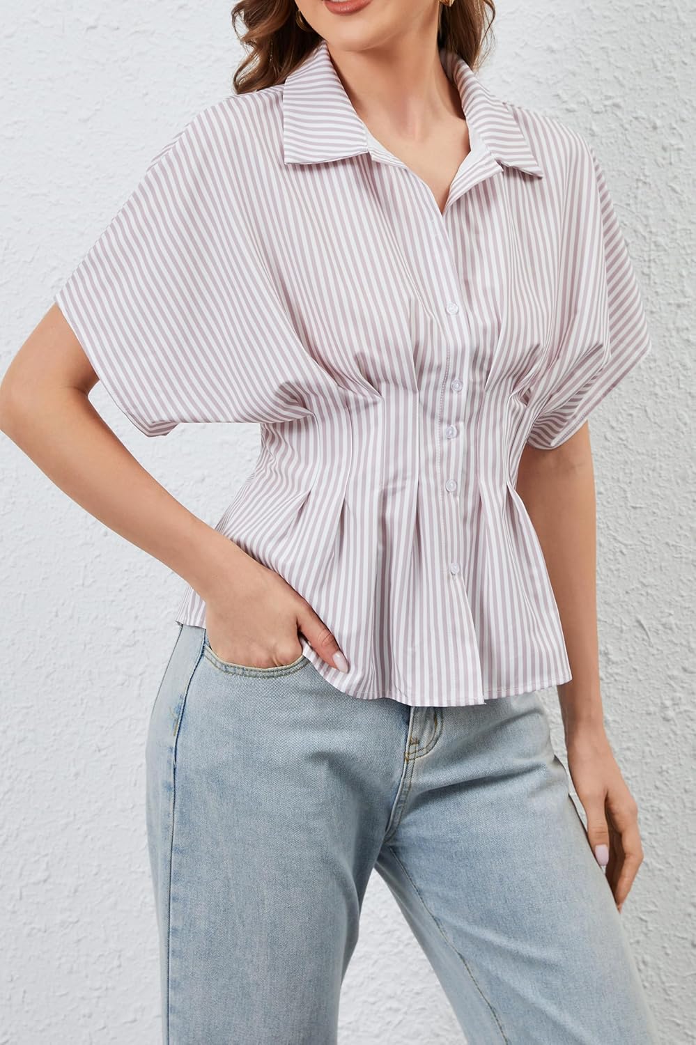 Women Striped Button Pleated Shirt Short Sleeve Summer Casual Peplum Blouse Purple
