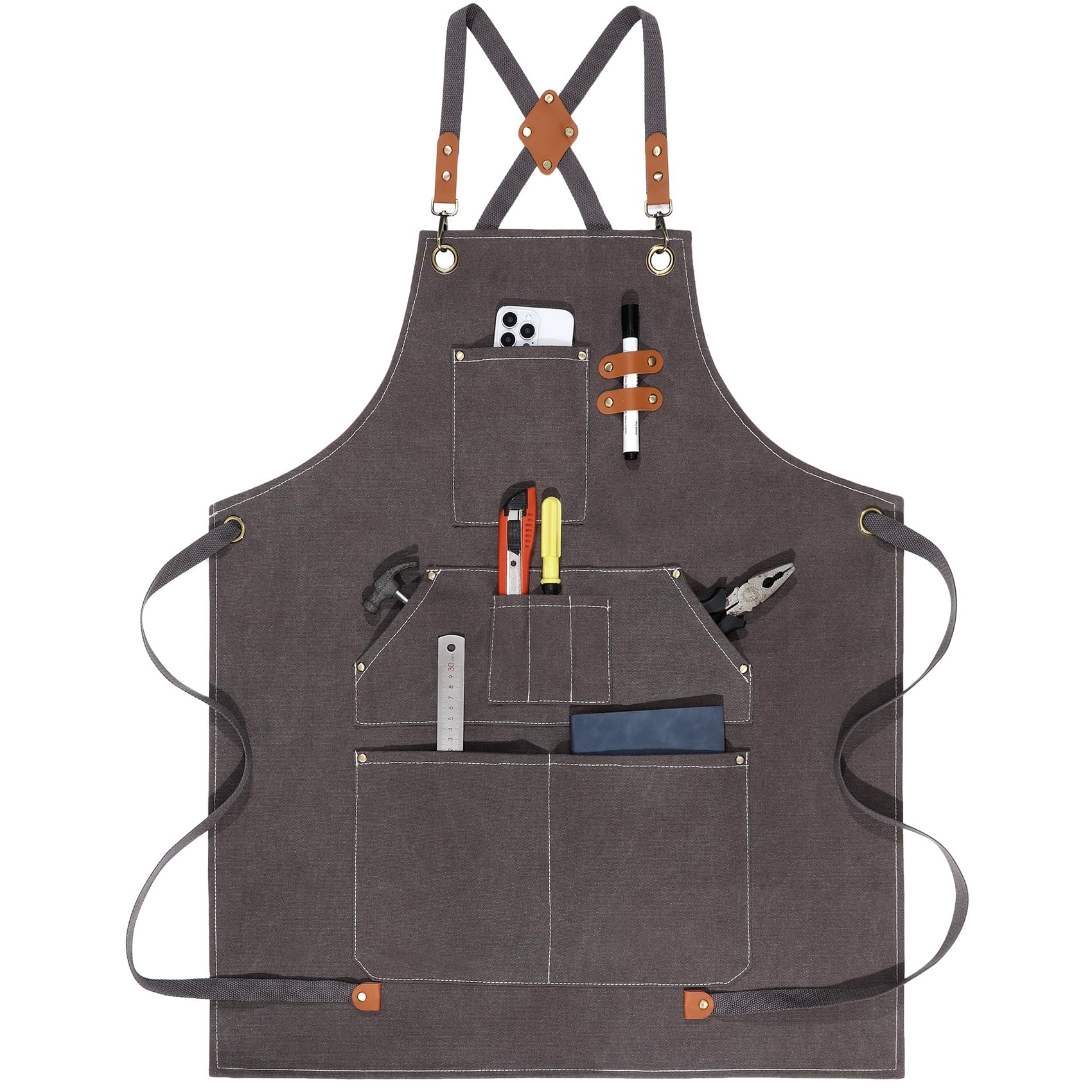 ROLOSI Work Aprons for Men Women with 9 Pockets Chef Apron 14oz Cotton Canvas Cross Back Aprons Heavy Duty Apron Gray Tool Apron for Woodworkers