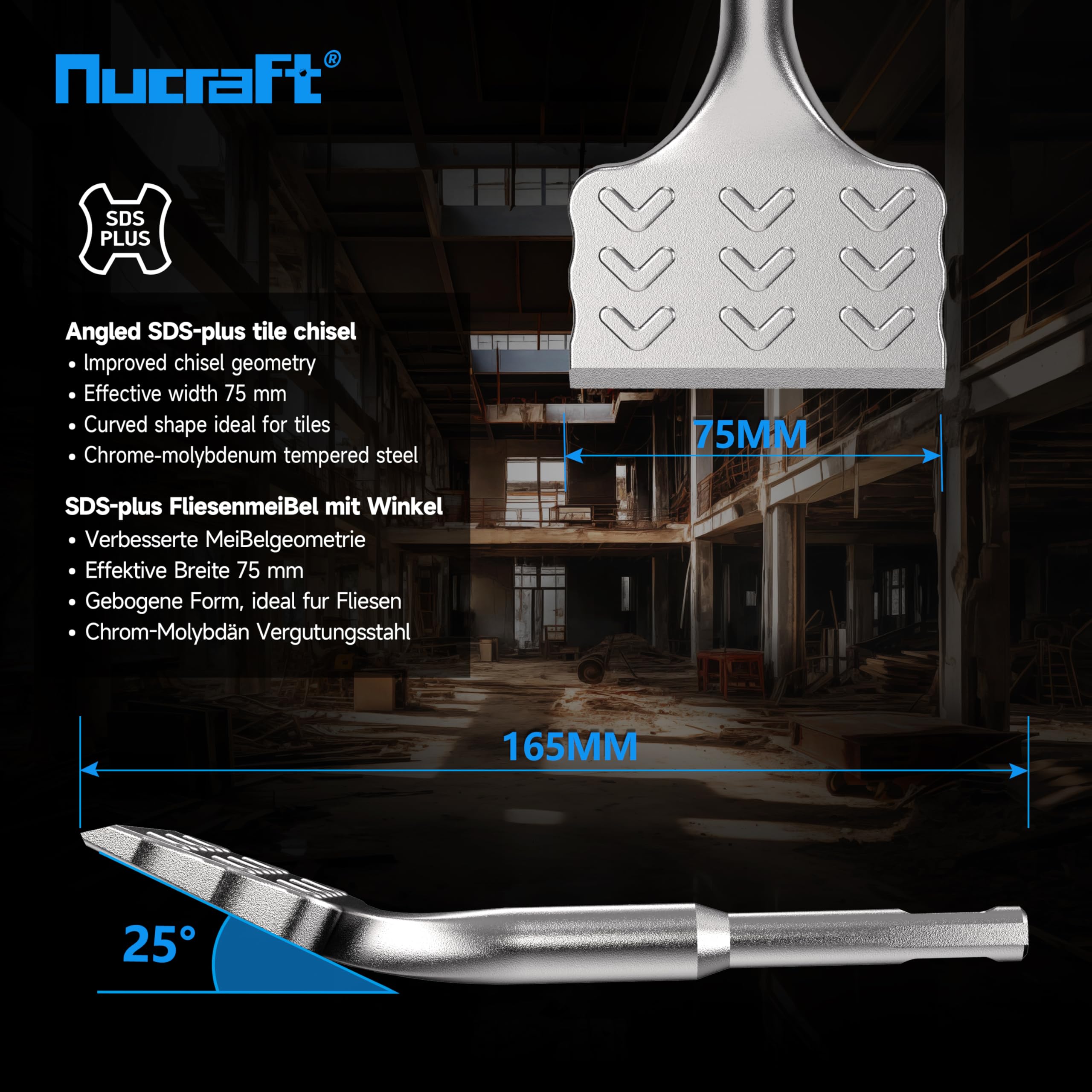 Nucraft SDS-Plus Ciseau à carrelage 165 mm x 75 mm Courbé à 25° pour enlever la céramique et le carrelage